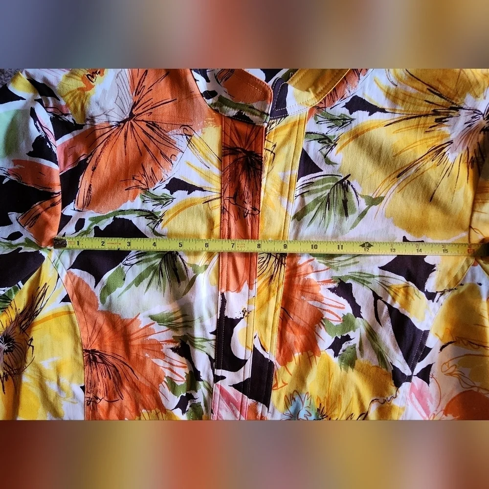 Coldwater Creek Orange Floral Pattern Open Front Lightweight Blazer Sz L